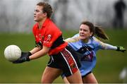 8 March 2019; Libby Coppinger of UCC in action against Niamh Carr of UCD during the Gourmet Food Parlour O’Connor Cup Semi-Final match between University College Dublin and University College Cork at the GAA Centre of Excellence in Abbotstown, Dublin. Photo by David Fitzgerald/Sportsfile