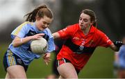 8 March 2019; Chloe Foxe of UCD in action against Rebecca Casey of UCC during the Gourmet Food Parlour O’Connor Cup Semi-Final match between University College Dublin and University College Cork at the GAA Centre of Excellence in Abbotstown, Dublin. Photo by David Fitzgerald/Sportsfile