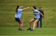8 March 2019; Áine McDonagh, right, and Lucy McCartan of UCD celebrate following the Gourmet Food Parlour O’Connor Cup Semi-Final match between University College Dublin and University College Cork at the GAA Centre of Excellence in Abbotstown, Dublin. Photo by David Fitzgerald/Sportsfile