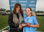 8 March 2019; Andrea Trill of NUIG is presented the player of the match award by Marketing Communications Manager for Gourmet Food Parlour Shirley Byrne following the Gourmet Food Parlour Donaghy Cup Final match between Galway Mayo Institute of Technology and Marino at TU Dublin Broombridge Sports Grounds in Dublin. Photo by Harry Murphy/Sportsfile
