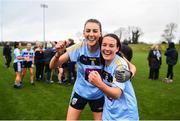 8 March 2019; Áine McDonagh, left, and Lucy McCartan of UCD celebrate following the Gourmet Food Parlour O’Connor Cup Semi-Final match between University College Dublin and University College Cork at the GAA Centre of Excellence in Abbotstown, Dublin. Photo by David Fitzgerald/Sportsfile