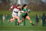 8 March 2019; Sarah Britton of QUB in action against Shauna Molloy of UL during the Gourmet Food Parlour O’Connor Cup Semi-Final match between University of Limerick and Queens University Belfast at the GAA Centre of Excellence in Abbotstown, Dublin. Photo by David Fitzgerald/Sportsfile
