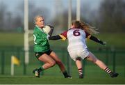 8 March 2019; Eimear McAnespie of QUB in action against Louise Ward of UL during the Gourmet Food Parlour O’Connor Cup Semi-Final match between University of Limerick and Queens University Belfast at the GAA Centre of Excellence in Abbotstown, Dublin. Photo by David Fitzgerald/Sportsfile