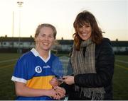 8 March 2019; Stacey Grimes of DKIT is presented with the player of the match award by Marketing Communications Manager for Gourmet Food Parlour Shirley Byrne following during the Gourmet Food Parlour Moynihan Cup Final match between Dundalk Institute of Technology and Letterkenny Institute of Technology at TU Dublin Broombridge Sports Grounds in Dublin. Photo by Harry Murphy/Sportsfile