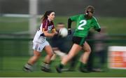 8 March 2019; Eimear Scally of UL in action against Caoimhe Stewart of QUB during the Gourmet Food Parlour O’Connor Cup Semi-Final match between University of Limerick and Queens University Belfast at the GAA Centre of Excellence in Abbotstown, Dublin. Photo by David Fitzgerald/Sportsfile