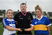 8 March 2019; Victoria Kelly, left, of LYIT and Emma White of DKIT shake hands  across referee Kevin O'Brie the Gourmet Food Parlour Moynihan Cup Final match nbetween Dundalk Institute of Technology and Letterkenny Institute of Technology at TU Dublin Broombridge Sports Grounds in Dublin. Photo by Harry Murphy/Sportsfile