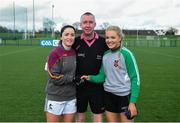 8 March 2019; Referee Niall McCormack with UL captain Eimear Scally, left, and QUB captain Eimear McAnespie prior to the Gourmet Food Parlour O’Connor Cup Semi-Final match between University of Limerick and Queens University Belfast at the GAA Centre of Excellence in Abbotstown, Dublin. Photo by David Fitzgerald/Sportsfile