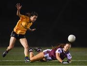 8 March 2019; Amy Mangan of DCU in action against Siobhán Divilliy of NUIG during the Gourmet Food Parlour O'Connor Shield Final match between NUI Galway and Dublin City University at TU Dublin Broombridge Sports Grounds in Dublin. Photo by Harry Murphy/Sportsfile