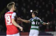 8 March 2019; Aaron McEneff of Shamrock Rovers celebrates after scoring his side's first goal during the SSE Airtricity League Premier Division match between St Patrick's Athletic and Shamrock Rovers at Richmond Park in Dublin. Photo by Stephen McCarthy/Sportsfile