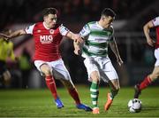 8 March 2019; Aaron Greene of Shamrock Rovers is tackled by Kevin Toner of St Patrick's Athletic resulting in a penalty during the SSE Airtricity League Premier Division match between St Patrick's Athletic and Shamrock Rovers at Richmond Park in Dublin. Photo by Stephen McCarthy/Sportsfile