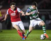 8 March 2019; Aaron Greene of Shamrock Rovers is tackled by Kevin Toner of St Patrick's Athletic resulting in a penalty during the SSE Airtricity League Premier Division match between St Patrick's Athletic and Shamrock Rovers at Richmond Park in Dublin. Photo by Stephen McCarthy/Sportsfile