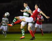 8 March 2019; Aaron Greene of Shamrock Rovers in action against Lee Desmond of St Patrick's Athletic during the SSE Airtricity League Premier Division match between St Patrick's Athletic and Shamrock Rovers at Richmond Park in Dublin. Photo by Stephen McCarthy/Sportsfile