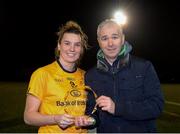 8 March 2019; Jennifer Dunne of DCU is presented the Player of the Match awards by Chairperson of HEC Donal Barry following the Gourmet Food Parlour O'Connor Shield Final match between NUI Galway and Dublin City University at TU Dublin Broombridge Sports Grounds in Dublin. Photo by Harry Murphy/Sportsfile