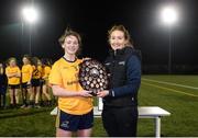 8 March 2019; Laura McGinley is presented with the shield by HEC Registrar Aine McParland following the Gourmet Food Parlour O'Connor Shield Final match between NUI Galway and Dublin City University at TU Dublin Broombridge Sports Grounds in Dublin. Photo by Harry Murphy/Sportsfile