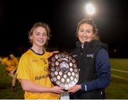 8 March 2019; Laura McGinley is presented the shield by HEC Registrar Aine McParland following the Gourmet Food Parlour O'Connor Shield Final match between NUI Galway and Dublin City University at TU Dublin Broombridge Sports Grounds in Dublin. Photo by Harry Murphy/Sportsfile