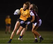 8 March 2019; Aisling Moloney of DCU in action against Cait Towe of NUIG during the Gourmet Food Parlour O'Connor Shield Final match between NUI Galway and Dublin City University at TU Dublin Broombridge Sports Grounds in Dublin. Photo by Harry Murphy/Sportsfile