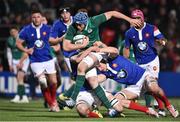 8 March 2019; Ryan Baird of Ireland is tackled by Gautheir Maravat and Maxence Lemardelet of France during the U20 Six Nations Rugby Championship match between Ireland and France at Irish Independent Park in Cork. Photo by Matt Browne/Sportsfile