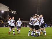 8 March 2019; Cameron Dummigan of Dundalk, centre, celebrates with team-mates after scoring his side's fourth goal during the SSE Airtricity League Premier Division match between Dundalk and Waterford at Oriel Park in Dundalk, Co Louth. Photo by Seb Daly/Sportsfile