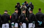 3 March 2019; Kildare players, from left, Kevin Feely, Mick O'Grady, Eoin Doyle, below, and David Hyland await the arrival of more team-mates for the squad photograph before the Allianz Football League Division 2 Round 5 match between Meath and Kildare at Páirc Táilteann, in Navan, Meath. Photo by Piaras Ó Mídheach/Sportsfile