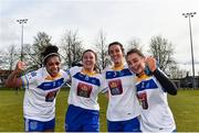 9 March 2019; TU Dublin players, from left, Katie Black, Sarah Jane Hecker, Sarah Nulty and Melek Fagan after the Gourmet Food Parlour Lynch Cup Final between Garda College and Technological University Dublin at DIT Grangegorman, in Grangegorman, Dublin. Photo by Eóin Noonan/Sportsfile