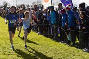 9 March 2019; Shane Buckley of Cashel CS, Co Tipperary, left, on his way to finishing first, and Sean Lawton of Colaiste Pobail Bantry, Co Cork, on his way to finishing second, in the Minor Boys event during the Irish Life Health All Ireland Schools Cross Country at ClonGowers Wood College in Clane, Co Kildare. Photo by Piaras Ó Mídheach/Sportsfile
