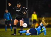 9 March 2019; Rianna Jarrett of Wexford Youths is tackled by Ciara Maher of DLR Waves during the Women's FAI National League match between Wexford Youths and DLR Waves at Ferrycarrig Park in Wexford. Photo by Harry Murphy/Sportsfile