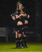 9 March 2019; Rianna Jarrett of Wexford Youths celebrates with team-mate Lauren Kelly after scoring her side's first goal during the Women's FAI National League match between Wexford Youths and DLR Waves at Ferrycarrig Park in Wexford. Photo by Harry Murphy/Sportsfile