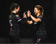 9 March 2019; Jenny Clifford of Wexford Youths, right, celebrates with team-mate Aisling Frawley after scoring her side's second goal during the Women's FAI National League match between Wexford Youths and DLR Waves at Ferrycarrig Park in Wexford. Photo by Harry Murphy/Sportsfile