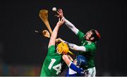 9 March 2019; Seamus Flanagan, left, and David Dempsey of Limerick in action against Lee Cleere of Laois during the Allianz Hurling League Division 1 Quarter-Final match between Laois and Limerick at O'Moore Park in Portlaoise, Laois. Photo by Stephen McCarthy/Sportsfile