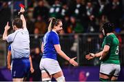 9 March 2019; Romane Menager of France is shown a red card by referee Ian Tempest after an incident with Ireland's Ciara Griffin, right, during the Women's Six Nations Rugby Championship match between Ireland and France at Energia Park in Donnybrook, Dublin. Photo by Ramsey Cardy/Sportsfile
