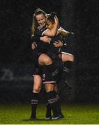 9 March 2019; Rianna Jarrett of Wexford Youths celebrates after scoring her side's first goal with team-mate Lauren Kelly during the Women's FAI National League match between Wexford Youths and DLR Waves at Ferrycarrig Park in Wexford. Photo by Harry Murphy/Sportsfile