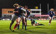 9 March 2019; Marine Menager of France dives over to score her side's seventh try despite the tackle by Emma Hooban of Ireland during the Women's Six Nations Rugby Championship match between Ireland and France at Energia Park in Donnybrook, Dublin. Photo by Ramsey Cardy/Sportsfile