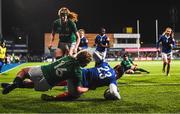 9 March 2019; Marine Menager of France scores her side's seventh try despite the tackle by Emma Hooban of Ireland during the Women's Six Nations Rugby Championship match between Ireland and France at Energia Park in Donnybrook, Dublin. Photo by Ramsey Cardy/Sportsfile