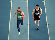 10 March 2019; Cormac Kearney of Mayo A.C., left, and Bryan McGetrick of Naas A.C. competing in the 60m  during the Irish Life Health Masters Indoors Championships at AIT in Athlone, Co Westmeath. Photo by Harry Murphy/Sportsfile