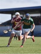 10 March 2019; Jason Diggins of Kerry in action against Robbie Greville of Westmeath during the Allianz Hurling League Division 2A Final match between Westmeath and Kerry at Cusack Park in Ennis, Clare. Photo by Sam Barnes/Sportsfile