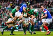 10 March 2019; CJ Stander supported by Ireland team-mates Iain Henderson, left, and Rory Best, is tackled by Gregory Alldritt of France during the Guinness Six Nations Rugby Championship match between Ireland and France at the Aviva Stadium in Dublin. Photo by Ramsey Cardy/Sportsfile