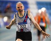 10 March 2019; Peadar McGing of Dundrum South Dublin A.C. celebrates winning the 400m  during the Irish Life Health Masters Indoors Championships at AIT in Athlone, Co Westmeath. Photo by Harry Murphy/Sportsfile