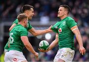 10 March 2019; Jonathan Sexton of Ireland celebrates with team-mates Jordan Larmour, 15, and Conor Murray after scoring his side's second tryduring the Guinness Six Nations Rugby Championship match between Ireland and France at the Aviva Stadium in Dublin. Photo by Ramsey Cardy/Sportsfile