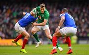 10 March 2019; Garry Ringrose of Ireland in action against Yoann Huget, left, and Gaël Fickou of France during the Guinness Six Nations Rugby Championship match between Ireland and France at the Aviva Stadium in Dublin. Photo by Ramsey Cardy/Sportsfile