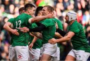 10 March 2019; Jonathan Sexton of Ireland celebrates with team-mates Conor Murray, Garry Ringrose, Keith Earls and Rory Best after scoring his side's second try during the Guinness Six Nations Rugby Championship match between Ireland and France at the Aviva Stadium in Dublin. Photo by Brendan Moran/Sportsfile