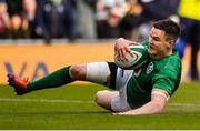 10 March 2019; Jonathan Sexton of Ireland scores his side's second try during the Guinness Six Nations Rugby Championship match between Ireland and France at the Aviva Stadium in Dublin. Photo by Brendan Moran/Sportsfile