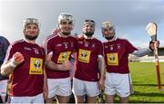 10 March 2019; Westmeath players, from left, Allan Devine, Conor Shaw, Cormac Boyle, and Shane Power celebrate following the Allianz Hurling League Division 2A Final match between Westmeath and Kerry at Cusack Park in Ennis, Clare. Photo by Sam Barnes/Sportsfile