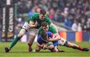 10 March 2019; Thomas Ramos of France is tackled by Jonathan Sexton, left, and Garry Ringrose of Ireland during the Guinness Six Nations Rugby Championship match between Ireland and France at the Aviva Stadium in Dublin. Photo by Brendan Moran/Sportsfile
