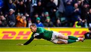 10 March 2019; Keith Earls of Ireland scores his side's fourth try during the Guinness Six Nations Rugby Championship match between Ireland and France at the Aviva Stadium in Dublin. Photo by Ramsey Cardy/Sportsfile