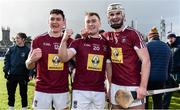 10 March 2019; Westmeath players, from left, Joey Boyle, Killian Doyle and Shane Clavin celebrate following the Allianz Hurling League Division 2A Final match between Westmeath and Kerry at Cusack Park in Ennis, Clare. Photo by Sam Barnes/Sportsfile