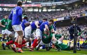 10 March 2019; Rory Best of Ireland scores his side's first try despite the efforts of Antoine Dupont of France during the Guinness Six Nations Rugby Championship match between Ireland and France at the Aviva Stadium in Dublin. Photo by Brendan Moran/Sportsfile