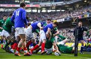 10 March 2019; Rory Best of Ireland scores his side's first try despite the efforts of Antoine Dupont of France during the Guinness Six Nations Rugby Championship match between Ireland and France at the Aviva Stadium in Dublin. Photo by Brendan Moran/Sportsfile
