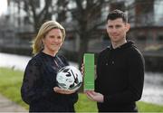 11 March 2019; Dinny Corcoran of Bohemians is presented with his SSE Airtricity/SWAI Player of the Month for February by Leanne Sheill from SSE Airtricity at the Royal Canal in Phibsborough, Dublin. Photo by Piaras Ó Mídheach/Sportsfile