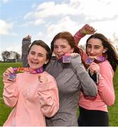 14 March 2019; Vhi, in partnership with the Irish Youth Foundation, celebrated the successful completion of the ‘Run for Fun’ programme BY 12 young people from the Just Ask Youth Group this weekend. ‘Run for Fun’ is a programme developed by Vhi in partnership with the Irish Youth Foundation, to encourage young people living in rural and vulnerable communities in Ireland to embrace the benefits offered through running. 12 young people who took part in the programme were awarded medals at the Fairview parkrun on Saturday for taking part in the programme and also completing a 5km parkrun. The group spent eight weeks training, building up their fitness level and learning about healthy eating. As part of the programme, there was also a nutritional element so the young people could learn about and taste healthy food options. The goal throughout the programme was for the young people to complete a 5km parkrun which they did on Saturday 9th March at Fairview parkrun. Pictured are, Hollie Devereux, left, Georgia McKenna, centre, and Robyn Molloy. Photo by Sam Barnes/Sportsfile