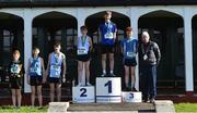 9 March 2019; Podium finishers, from, left, Tom Doherty of St Macartan's, Co Monaghan, sixth place, Mackenzie McIvor of Knockbeg College, Carlow, fifth place, Fionn Harrington of Colaiste Pobail Bantry, Co Cork, fourth place, Sean Lawton of Colaiste Pobail Bantry, Co Cork, second place, Shane Buckley of Cashel CS, Co Tipperary, first place, Lughaidh Mallon of Rathmore, Belfast, Co Antim, with Bill Delaney, President of Irish Schools Athletics Association, during the Irish Life Health All Ireland Schools Cross Country at Clongowes Wood College in Clane, Co Kildare. Photo by Piaras Ó Mídheach/Sportsfile